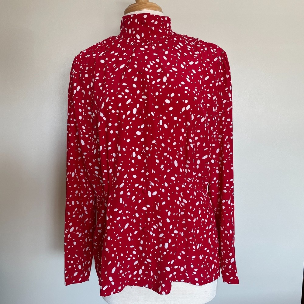 Vintage Polka Dot Peplum Silky Long Sleeve Button Down Blouse S/M